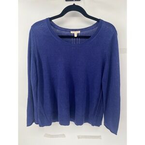 Eileen Fisher Royal Blue 100% Linen Pointelle Knit Scoop Neck Sweater Womens S